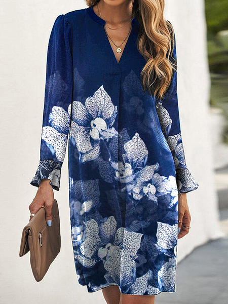 

V Neck Casual Floral Dresses, Navy blue, Mini Dresses