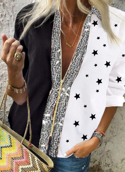 

Color Block Star Basics Long Sleeve Blouse, Black-white, Shirts & Blouses