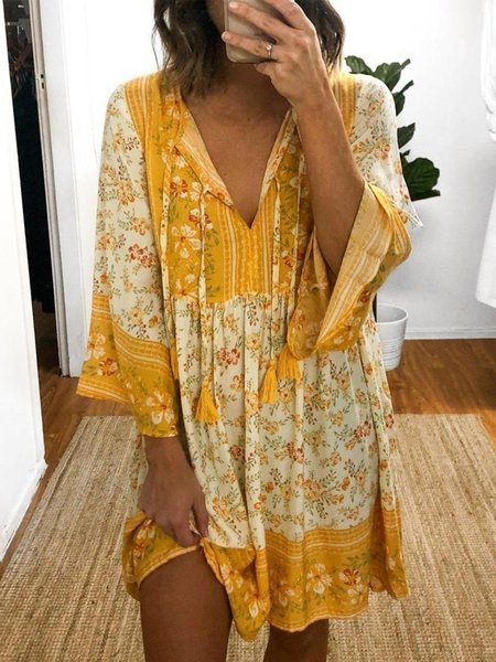 

Boho Floral Long Sleeve V Neck Plus Size Casual Dresses, Yellow, Mini Dresses