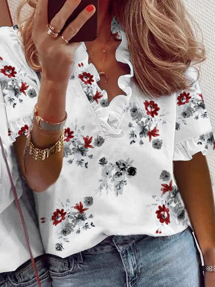 Vacation V Neck Floral Shirt & Top, White, Blouses & Shirts