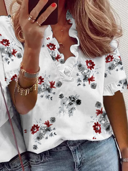 Vacation V Neck Floral Short sleeve Top