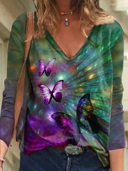 

Butterfly Long Sleeves V Neck Plus Size Casual Tops, Multicolor, T-Shirts