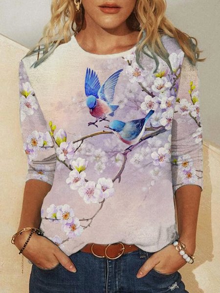 

Bird Floral Printed Casual Long Sleeve Long Sleeve T-shirt, As picture, T-Shirts