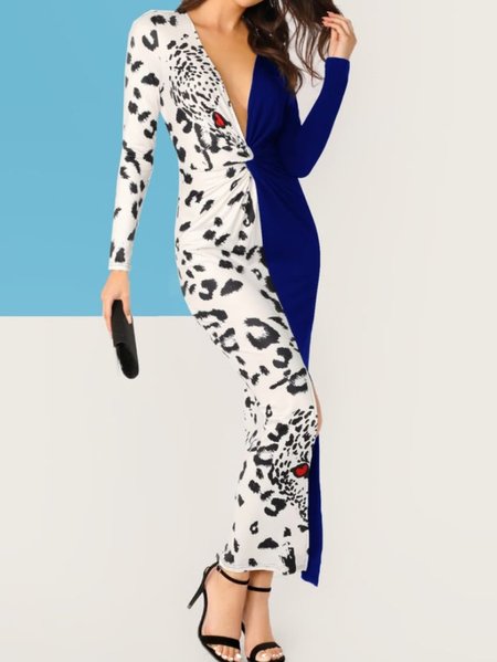

Plunging Neck Twist Front Split Spliced Animal Print Dress, As picture, Maxi Dresses