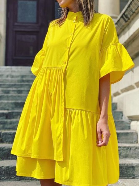 

Plain Regular Fit Stand Collar Vacation Daily Dress, Yellow, Mini Dresses
