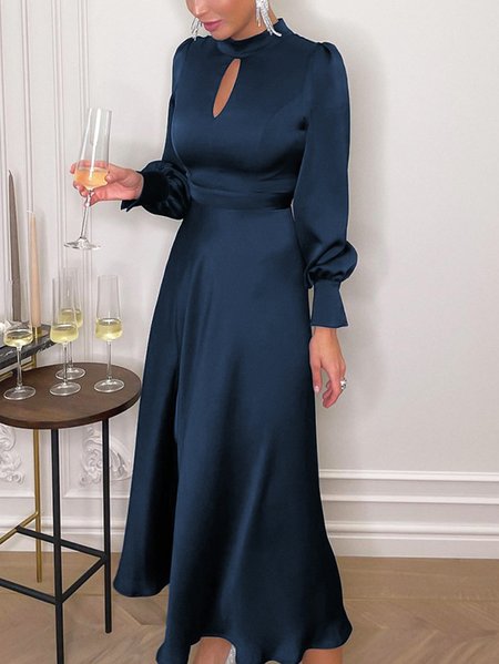 

Elegant Regular Fit Solid Long Sleeve Dress, Dark blue, Maxi Dresses