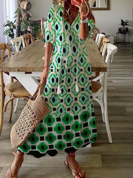 

V Neck Casual Geometric Dresses, Green, Dresses