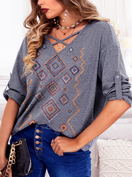 

Casual Geometric V neck West Styles/Cows Shirts & Tops, Gray, Long sleeve tops