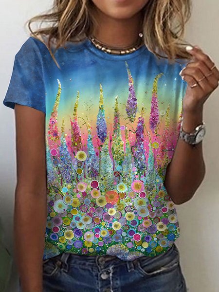 

Casual Floral Printed Short Sleeve Loosen Short Sleeve T-shirt, Multicolor, T-Shirts