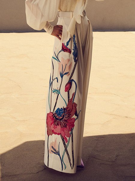 

Floral Loosen Elegant Wide Leg Pants, White, Wide Leg Pants