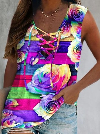 

Cotton Blends Casual V Neck Vests, Multicolor, Tanks & Camis