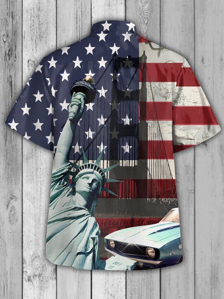 

Mens American Flag Statue of Liberty Print Casual Breathable Hawaiian Short Sleeve Shirt, Blue, Men's Floral shirt