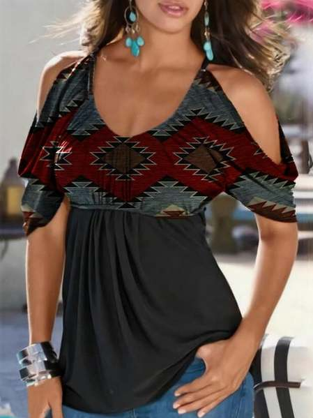 

Casual Geometric Round Neck Tribal Shirts & Tops, Black, T-Shirts