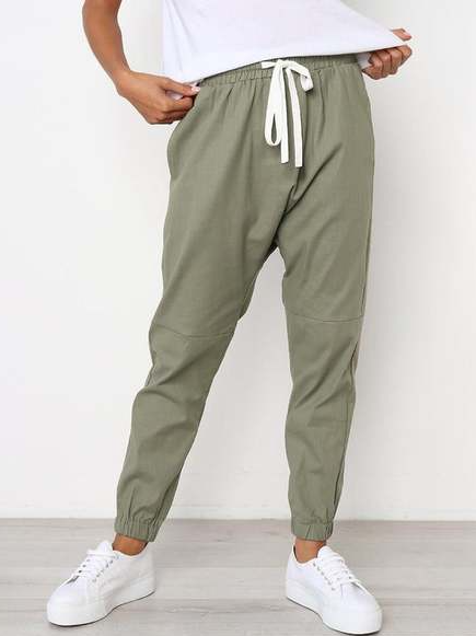 

Draw string Plain Loosen Casual NinthPants, Green, Pants