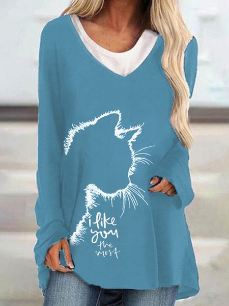 

Animal Printed Casual Loosen Crew Neck Cotton Blends Tunic Shirts & Tops, Blue, T-Shirts