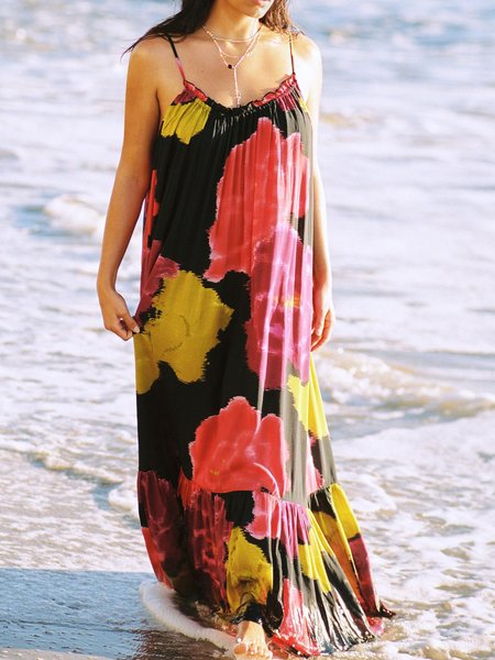 

Boho Floral Spaghetti Maxi Beach Short sleeve Woven Dress, Black, Maxi Dresses