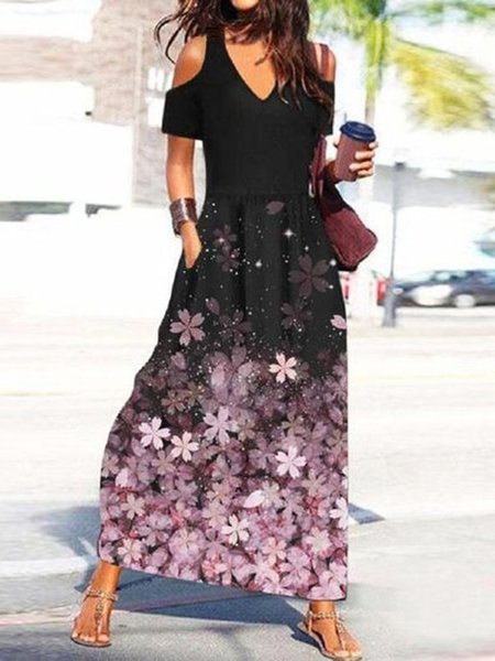 

Floral V Neck Off Shoulder Pockets Casual Short Sleeve Loosen A-line Dresses, Black, Maxi Dresses
