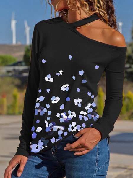 

Floral Long Sleeves Off Shoulder Plus Size Casual Tops, Black, T-Shirts