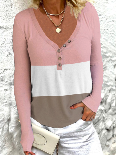 

V Neck Color Block Shirts & Tops, Pink, T-Shirts