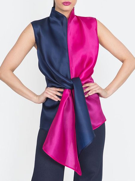 

Mandarin Collar Elegant Daily Top, Blue, Tanks and Camis