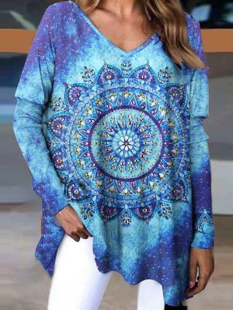 

V Neck Vacation Tribal Shirts & Tops, Blue, Long sleeve tops