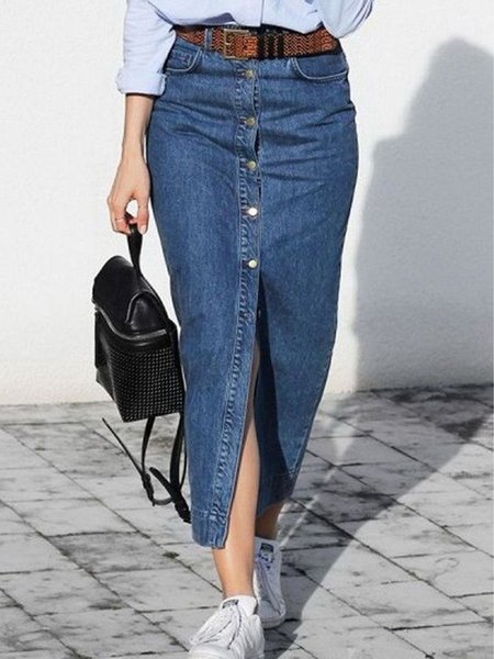 

Designer Casual Spring New Ladies Denim Slit Skirt, Blue, Skirts