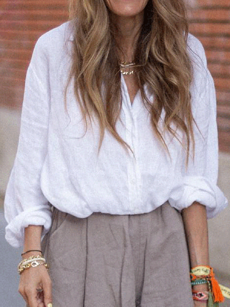 

Solid Shirt Collar Casual Shirts & Tops, White, Blouses & Shirts