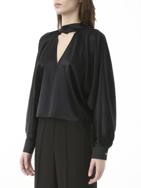 

Tie Neck Solid Regular Fit Elegant Shirt & Top, Black, Tops
