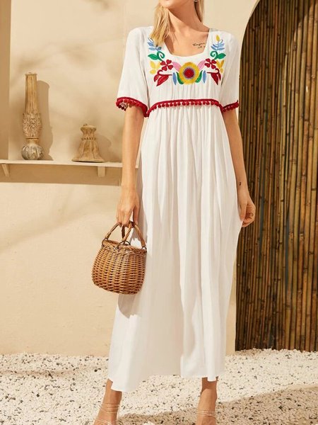 

Floral Loosen Casual Short sleeve Woven Dress, White, Maxi Dresses