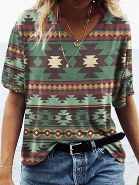 

Geometric V Neck Casual Loosen Shirts & Tops, Multicolor, T-Shirts