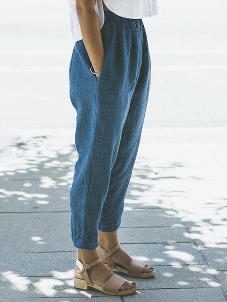 

Solid Elastic Waist Cotton Blends Blue Casual Ninth Pants, Pants
