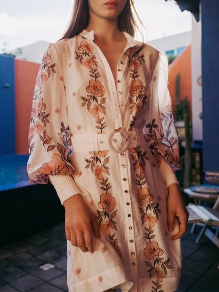 

Resort stand-neck long-sleeve straight-leg belted floral dress, Multicolor, Dresses