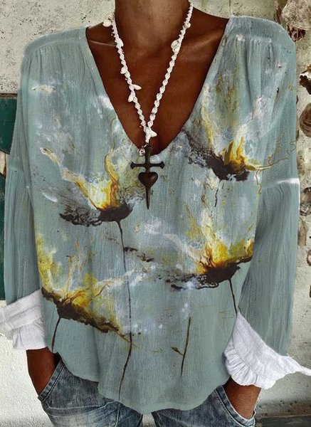 

Casual Floral Printed Long sleeve tops, Cyan, Long sleeve tops