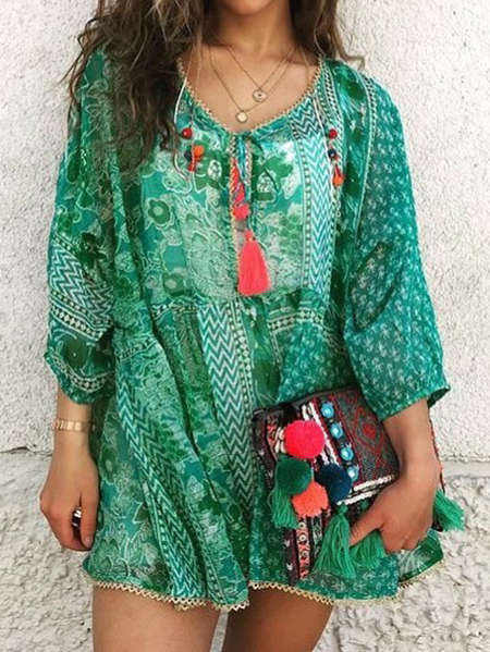 Boho Loosen V Neck Long sleeve Woven Dress, Green, Mini Dresses