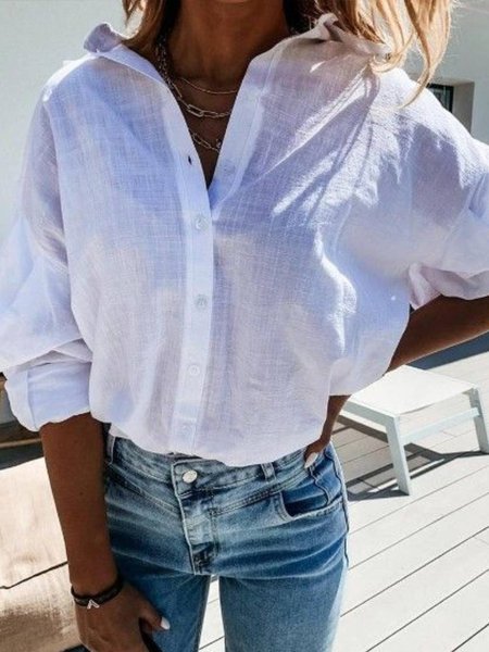 

Plain Casual Shirt Collar Long Sleeve Blouse, White, Blouses & Shirts