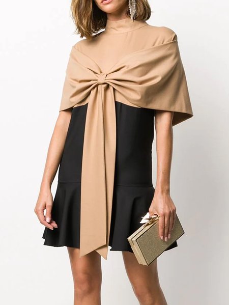 

High Neck Solid Elegant Color-block Bowknot Dress, As picture, Mini Dresses
