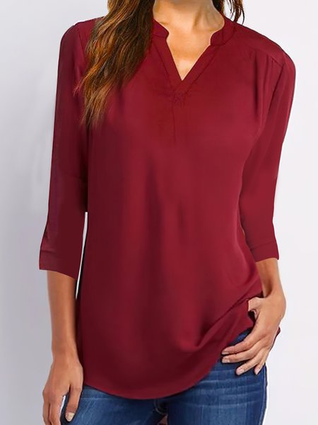 

Casual Solid Loosen V Neck Cotton Blends Tunic Long sleeve tops, Wine red, Tops