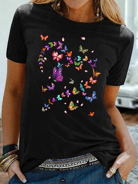 

Butterfly Short Sleeves Crew Neck Plus Size Casual Tops, Black, T-Shirts