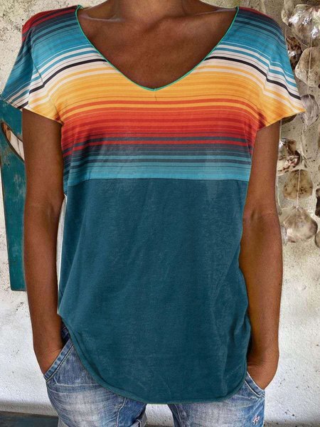 

V neck Loosen Ombre Vacation Shirts & Tops, Multicolor, T-Shirts