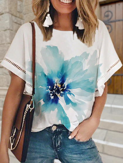 

Gradient Dream Blue Floral Bat Short Sleeve Resort T-Shirt Floral Batwing Loosen Short Sleeve T-shirt, White, Tees & T-shirts