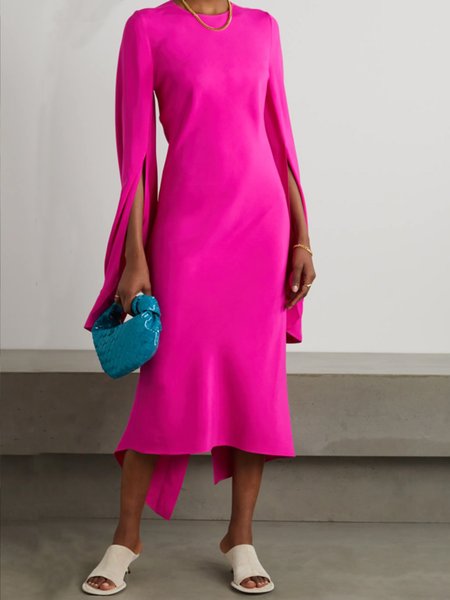 

Elegant Crew Neck Slit Slim Fit Solid Dress, Rose red, Midi Dresses
