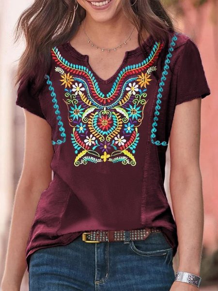 

Boho Tribal Pattern Short Sleeve Notched Plus Size Casual Tops, Wine red, T-Shirts