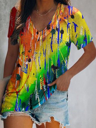 

V Neck Cotton Blends Rainbow Ombre Raglan Sleeve Loosen Shirts & Tops, Multicolor, T-Shirts