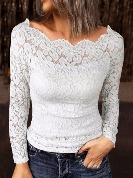 

Sexy Regular Fit Boat Neck Lace Shirts & Tops Plus Size, White, Tops