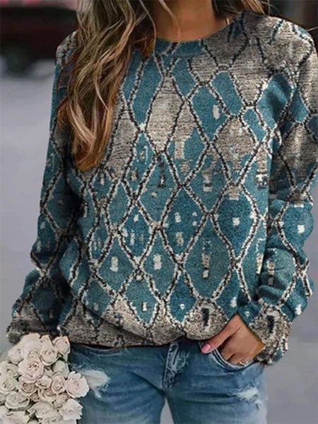 Crew Neck Tribal Loosen Sweatshirt, Cyan, Sweatshirts & Hoodies