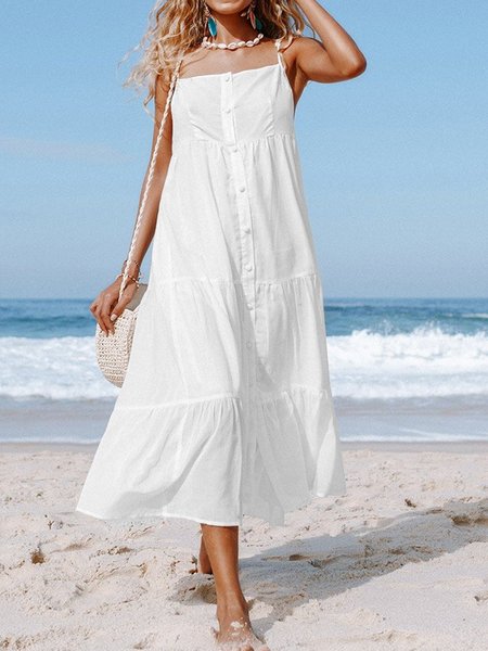 

Plus Size Casual Solid Square Neck Sleeveless Loosen Short sleeve Woven Dress, White, Midi Dresses