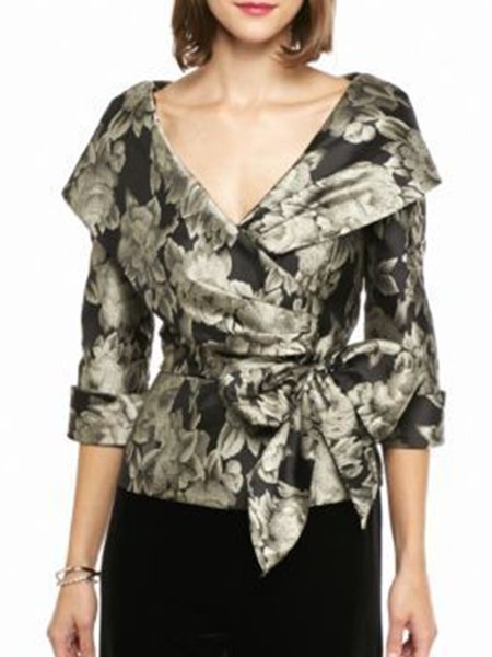 

Slim Fit V Neck Elegant Floral Top, Black, Tops