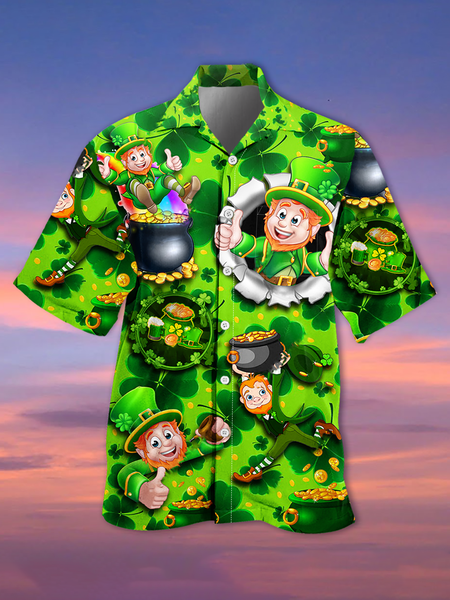 

Holiday Leisure St. Patrick's Day Element Green Four-Leaf Clover Pattern Hawaiian Style Printed Shirt Top, Men's Floral shirt