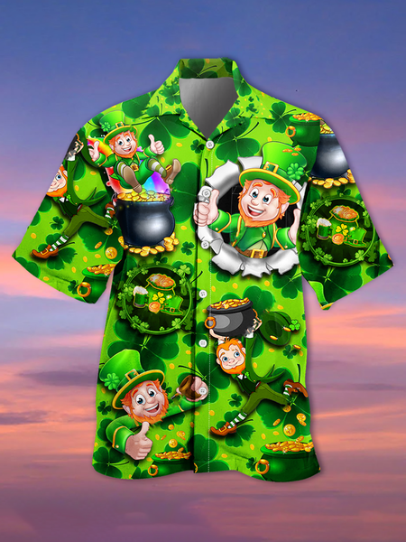 

Holiday Leisure St. Patrick's Day Element Green Four-Leaf Clover Pattern Hawaiian Style Printed Shirt Top, Shirts ＆ Blouse