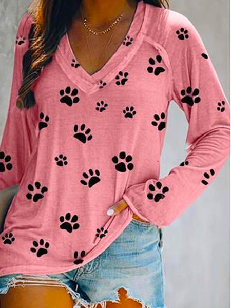 

Casual Animal Cotton Blends V Neck Raglan Sleeve Tunic Shirts & Tops, Pink, T-Shirts
